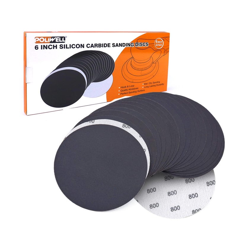 POLIWELL 6 Inch (150mm) 800 Grit Sanding Discs Waterproof Hook & Loop Heavy Duty Silicon Carbide Round Flocking Sandpaper for Wet/Dry Sanding Grinder Polishing Accessories, 20-Pack - Image 1